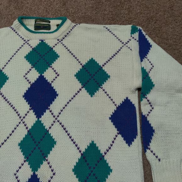 Vintage Embassy Row Sweater Mens Large Argyle Cotton Retro Preppy Diamond White - Picture 2 of 8